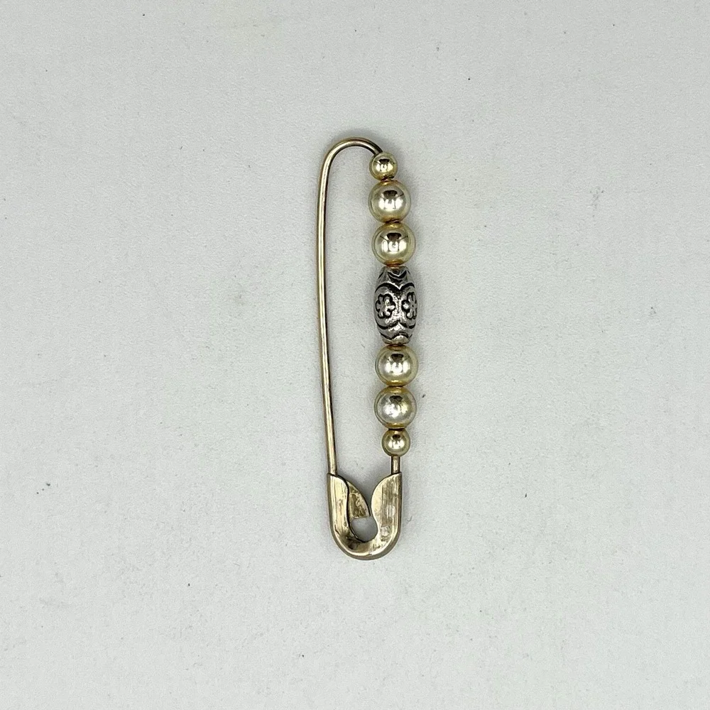 Safety Pin Pendant Brooch Zipper Pull Charm Gold Tone Key Chain Tag Beaded 2.25